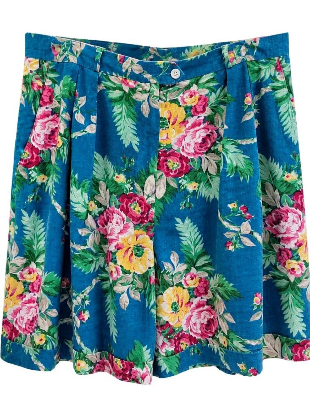 Vintage 90s Lauren Ralph Lauren Blue Floral 100% Linen Cuffed Shorts Sz 16